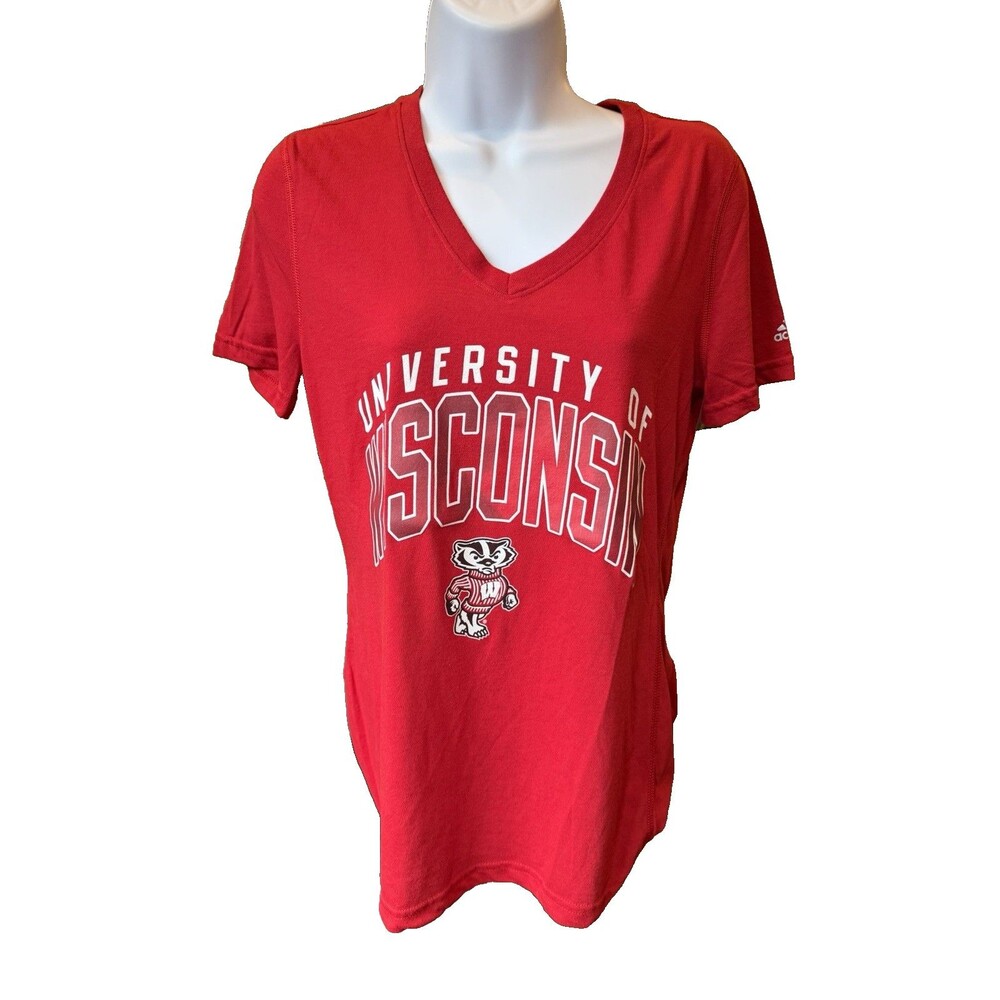 adidas T shirt Wisconsin Badgers Size M Slim Fit Red Short Sleeve Top V Neck EUC